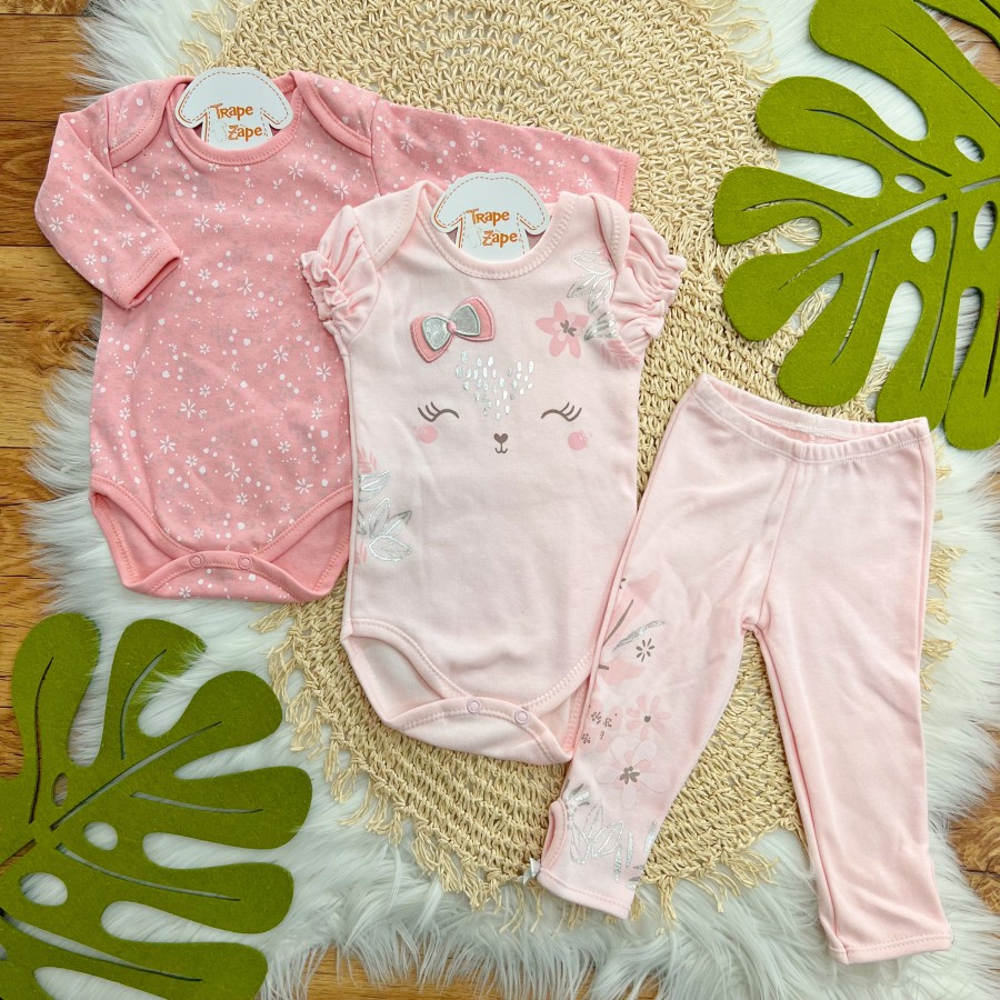 CONJ. DE MALHA 3 PEÇAS - Rena com Lacinho Prateado- Rose e Rosa